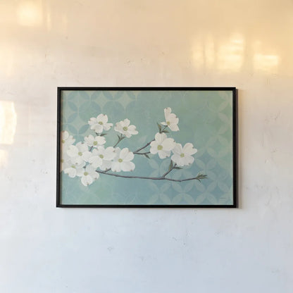 Dogwood Blossoms by Kathrine Lovell. shown as a paper print in a black flame. Available as a archival giclee rolled canvas, fine art paper, or poster print. SKU 21523i.
