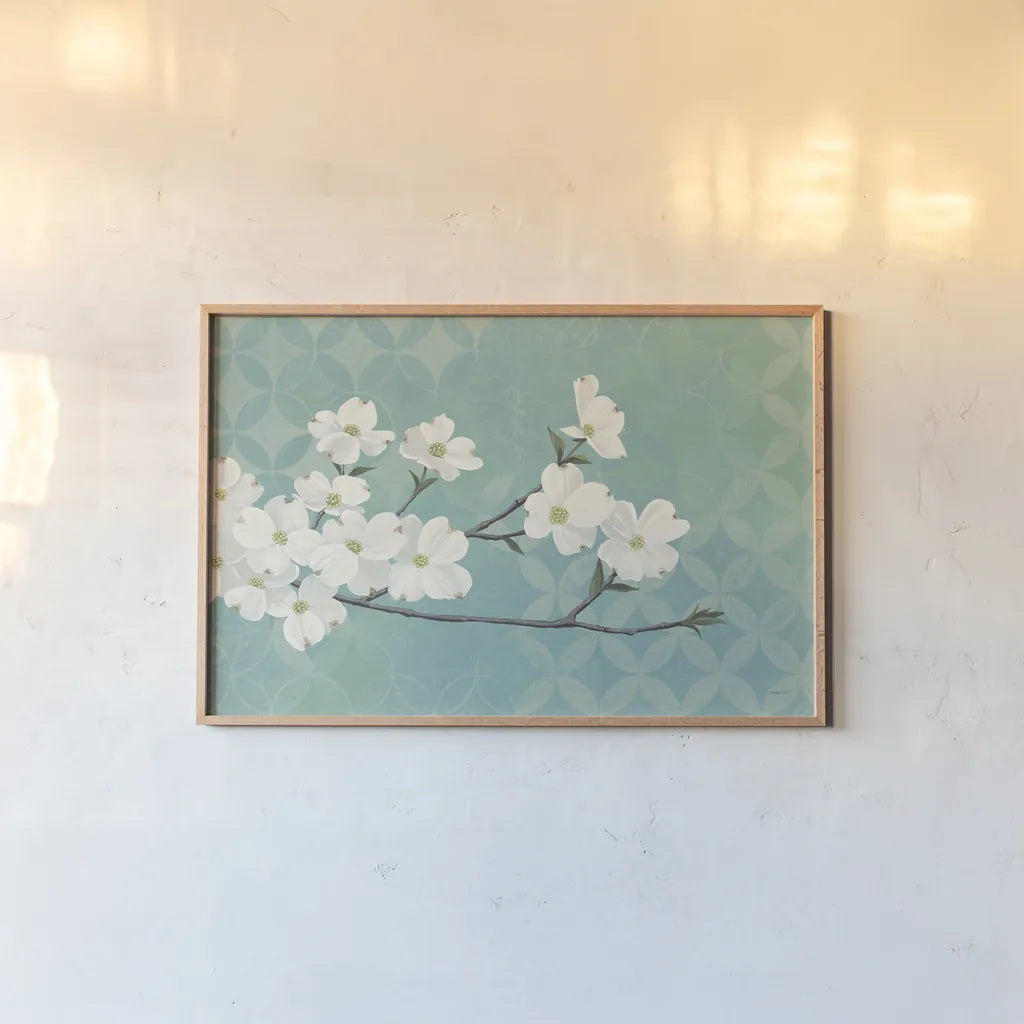 Dogwood Blossoms by Kathrine Lovell. shown as a paper print in a natural frame. Available as a archival giclee rolled canvas, fine art paper, or poster print. SKU 21523i.
