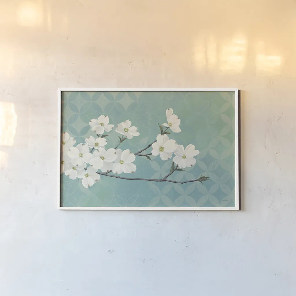 Dogwood Blossoms by Kathrine Lovell. shown as a paper print in a white frame. Available as a archival giclee rolled canvas, fine art paper, or poster print. SKU 21523i.