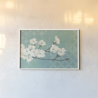 Dogwood Blossoms by Kathrine Lovell. shown as a paper print in a white frame. Available as a archival giclee rolled canvas, fine art paper, or poster print. SKU 21523i.