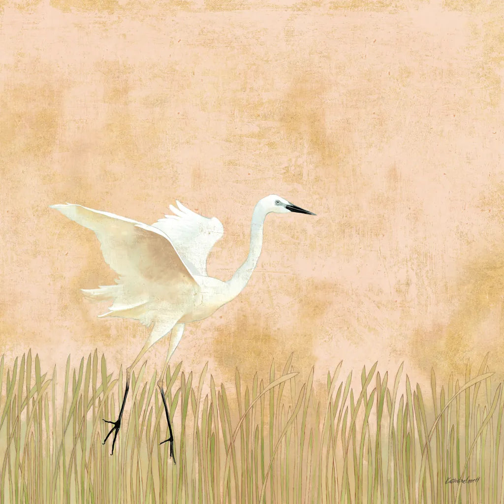 Egret Alighting I by Kathrine Lovell. SKU 67990a. Archival Giclee Fine art print for wall decor.