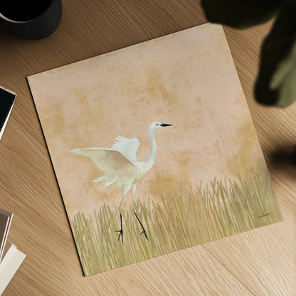 Egret Alighting I by Kathrine Lovell. Shown as a detailed flat fine art print, highlighting archival giclee quality. Available as an archival giclee rolled canvas, fine art paper, or poster print. SKU 67990a.