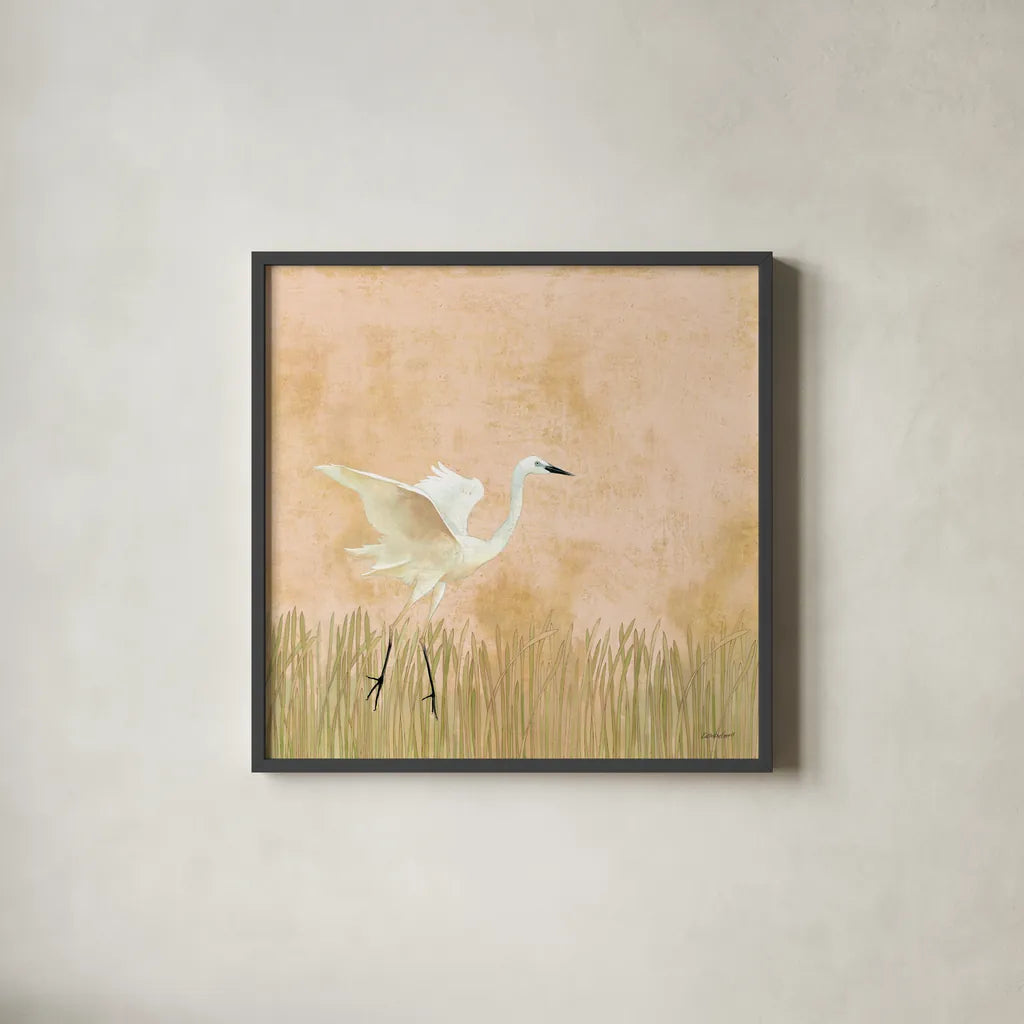 Egret Alighting I by Kathrine Lovell. Shown in a sleek black glass frame for a contemporary gallery look. Available as an archival giclee rolled canvas, fine art paper, or poster print. SKU 67990a.
