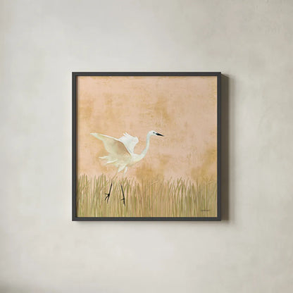 Egret Alighting I by Kathrine Lovell. Shown in a sleek black glass frame for a contemporary gallery look. Available as an archival giclee rolled canvas, fine art paper, or poster print. SKU 67990a.
