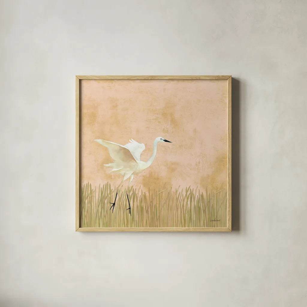 Egret Alighting I by Kathrine Lovell. Shown in a natural wood glass frame for a timeless modern aesthetic. Available as an archival giclee rolled canvas, fine art paper, or poster print. SKU 67990a.