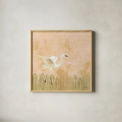 Egret Alighting I by Kathrine Lovell. Shown in a natural wood glass frame for a timeless modern aesthetic. Available as an archival giclee rolled canvas, fine art paper, or poster print. SKU 67990a.