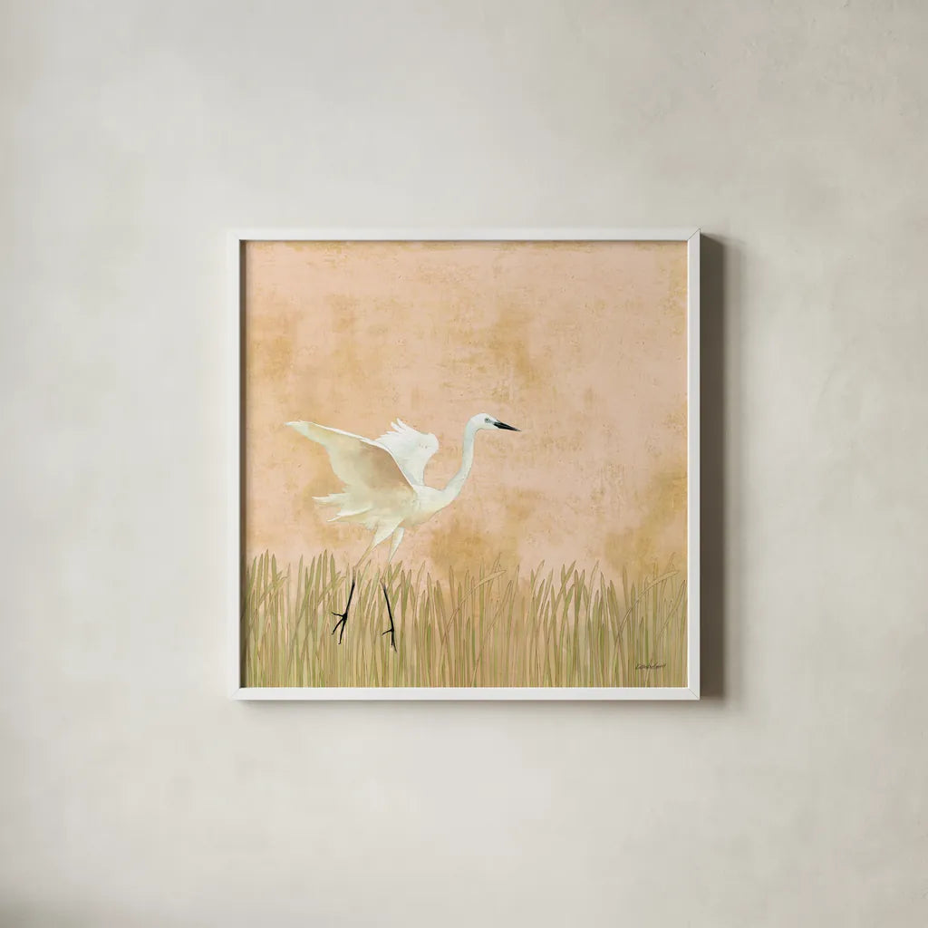 Egret Alighting I by Kathrine Lovell. Shown in a crisp white glass frame for a clean and minimalist style. Available as an archival giclee rolled canvas, fine art paper, or poster print. SKU 67990a.