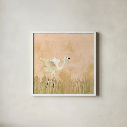 Egret Alighting I by Kathrine Lovell. Shown in a crisp white glass frame for a clean and minimalist style. Available as an archival giclee rolled canvas, fine art paper, or poster print. SKU 67990a.