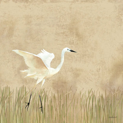 Egret Alighting I Neutral by Kathrine Lovell. SKU 73913a. Archival Giclee Fine art print for wall decor.