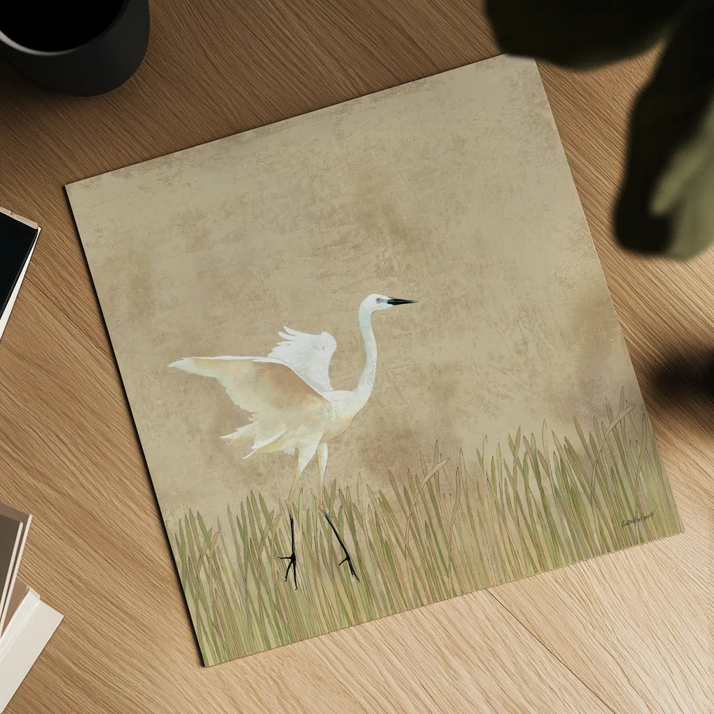 Egret Alighting I Neutral by Kathrine Lovell. Shown as a detailed flat fine art print, highlighting archival giclee quality. Available as an archival giclee rolled canvas, fine art paper, or poster print. SKU 73913a.