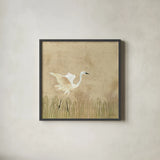 Egret Alighting I Neutral by Kathrine Lovell. Shown in a sleek black glass frame for a contemporary gallery look. Available as an archival giclee rolled canvas, fine art paper, or poster print. SKU 73913a.
