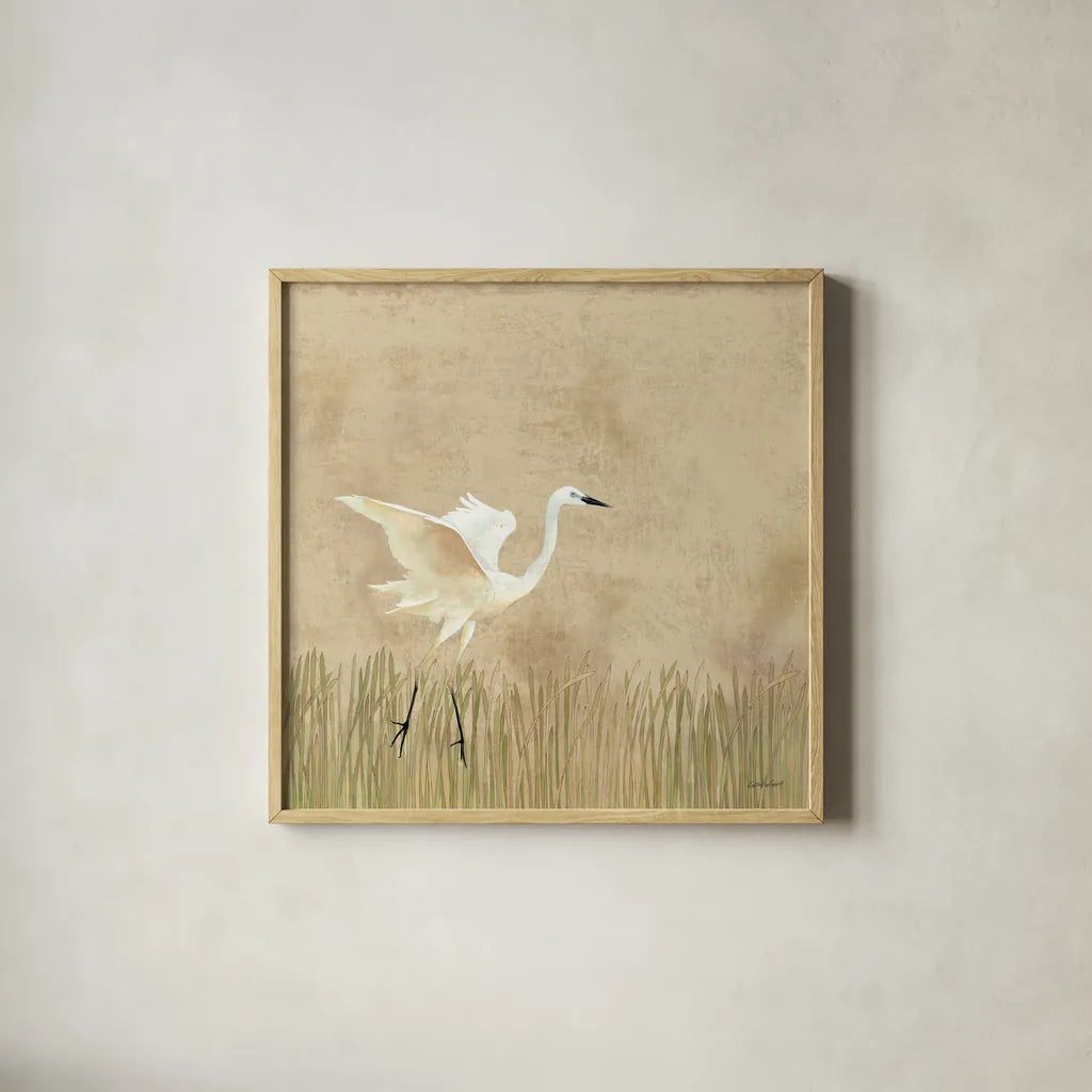Egret Alighting I Neutral by Kathrine Lovell. Shown in a natural wood glass frame for a timeless modern aesthetic. Available as an archival giclee rolled canvas, fine art paper, or poster print. SKU 73913a.