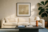Egret Alighting I Neutral by Kathrine Lovell. Displayed in a glass frame with matte in a clean modern living room. Available as an archival giclee rolled canvas, fine art paper, or poster print. SKU 73913a.