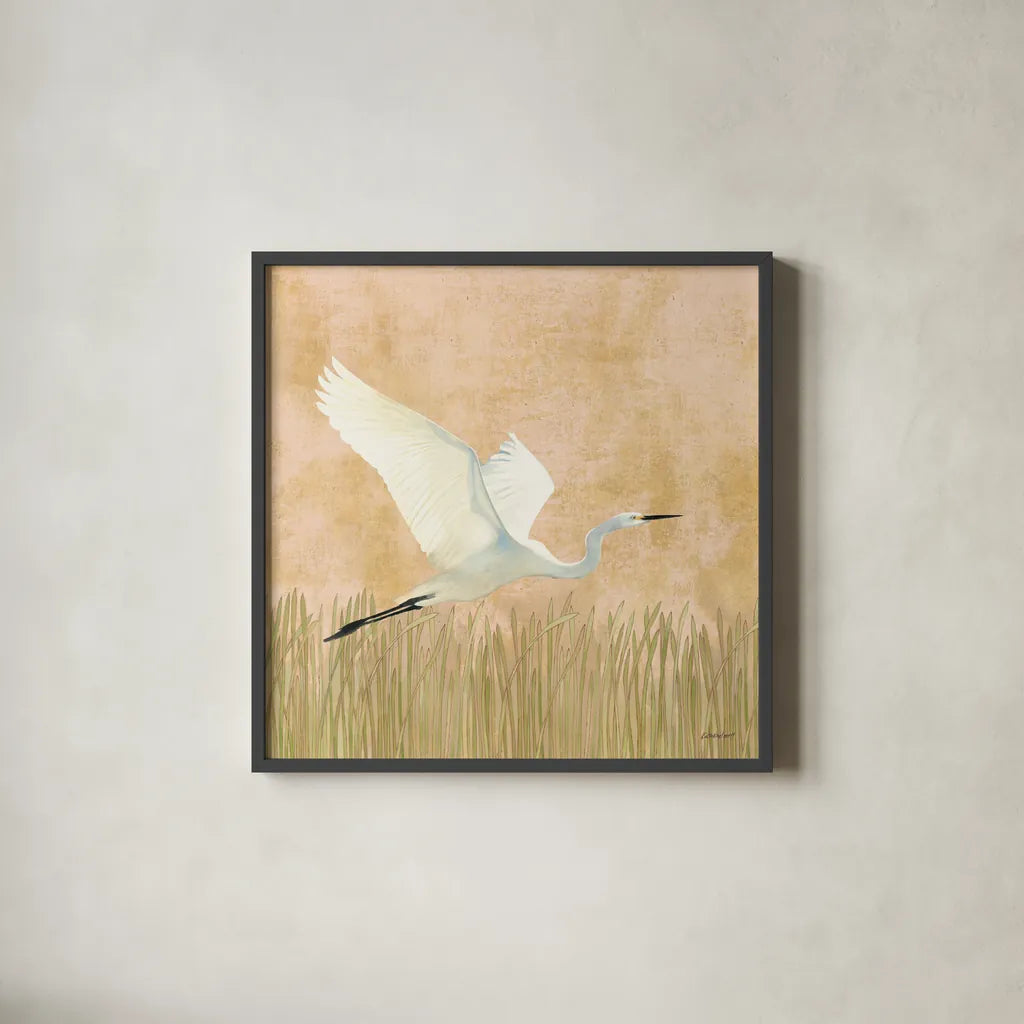 Egret Alighting II by Kathrine Lovell. Shown in a sleek black glass frame for a contemporary gallery look. Available as an archival giclee rolled canvas, fine art paper, or poster print. SKU 67991a.