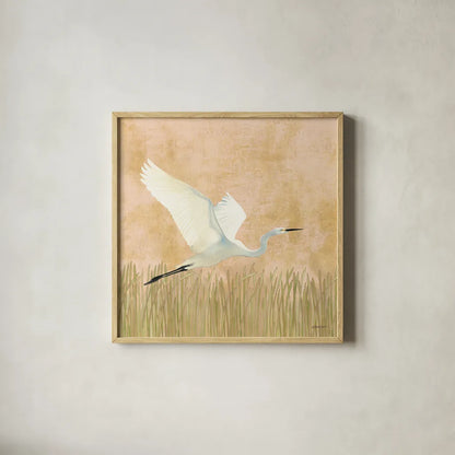 Egret Alighting II by Kathrine Lovell. Shown in a natural wood glass frame for a timeless modern aesthetic. Available as an archival giclee rolled canvas, fine art paper, or poster print. SKU 67991a.