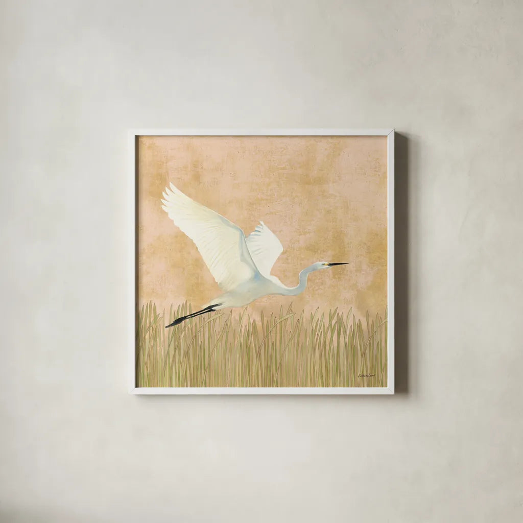 Egret Alighting II by Kathrine Lovell. Shown in a crisp white glass frame for a clean and minimalist style. Available as an archival giclee rolled canvas, fine art paper, or poster print. SKU 67991a.