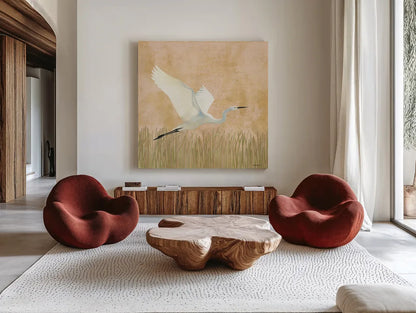 Egret Alighting II by Kathrine Lovell. Shown as extra-large giant wall art in a modern living room. Available as an archival giclee rolled canvas, fine art paper, or poster print. SKU 67991a.
