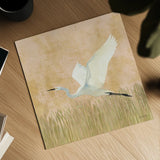 Egret Alighting II Flipped by Kathrine Lovell. Shown as a detailed flat fine art print, highlighting archival giclee quality. Available as an archival giclee rolled canvas, fine art paper, or poster print. SKU 68083a.