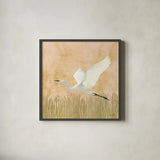 Egret Alighting II Flipped by Kathrine Lovell. Shown in a sleek black glass frame for a contemporary gallery look. Available as an archival giclee rolled canvas, fine art paper, or poster print. SKU 68083a.
