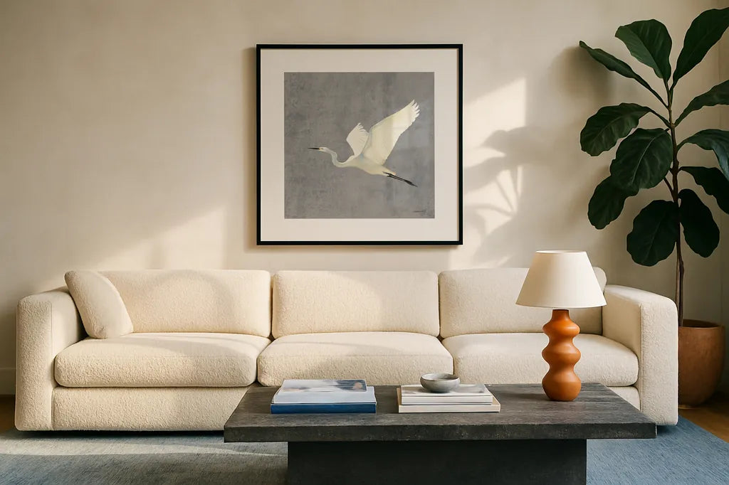 Egret Alighting II Flipped Gray No Grass by Kathrine Lovell. Displayed in a glass frame with matte in a clean modern living room. Available as an archival giclee rolled canvas, fine art paper, or poster print. SKU 82835a.