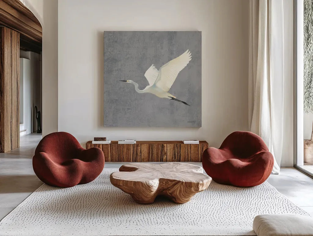 Egret Alighting II Flipped Gray No Grass by Kathrine Lovell. Shown as extra-large giant wall art in a modern living room. Available as an archival giclee rolled canvas, fine art paper, or poster print. SKU 82835a.