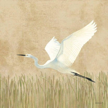 Egret Alighting II Flipped Neutral by Kathrine Lovell. SKU 73914a. Archival Giclee Fine art print for wall decor.