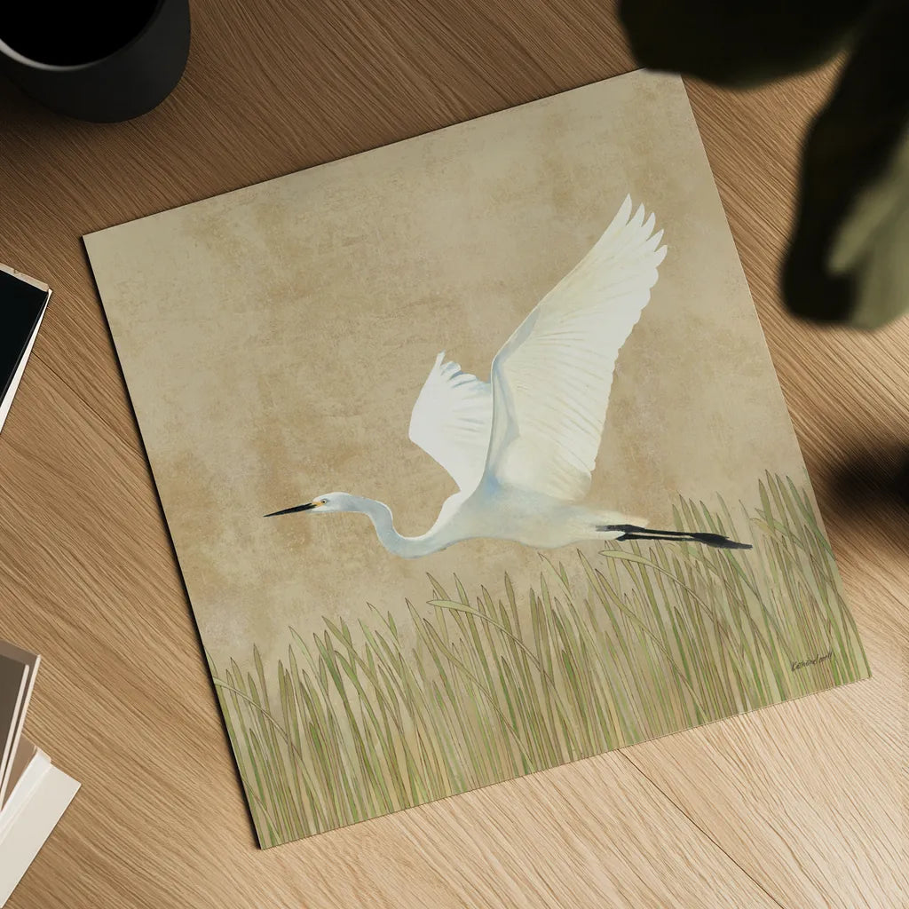 Egret Alighting II Flipped Neutral by Kathrine Lovell. Shown as a detailed flat fine art print, highlighting archival giclee quality. Available as an archival giclee rolled canvas, fine art paper, or poster print. SKU 73914a.