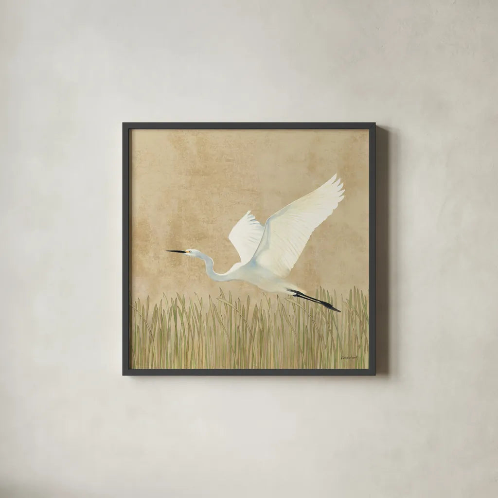 Egret Alighting II Flipped Neutral by Kathrine Lovell. Shown in a sleek black glass frame for a contemporary gallery look. Available as an archival giclee rolled canvas, fine art paper, or poster print. SKU 73914a.