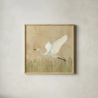 Egret Alighting II Flipped Neutral by Kathrine Lovell. Shown in a natural wood glass frame for a timeless modern aesthetic. Available as an archival giclee rolled canvas, fine art paper, or poster print. SKU 73914a.