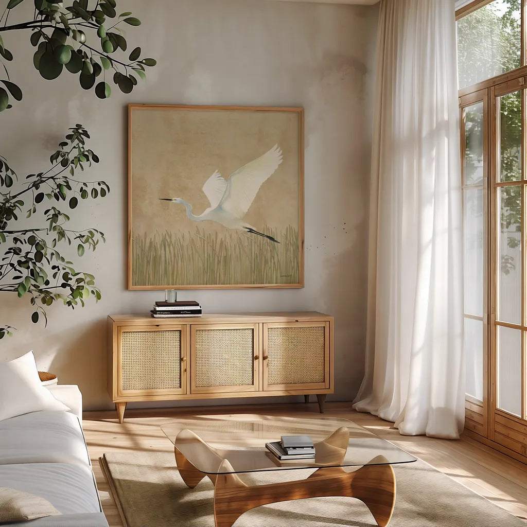 Egret Alighting II Flipped Neutral by Kathrine Lovell. Shown in a natural wood frame in a cozy modern living room. Available as an archival giclee rolled canvas, fine art paper, or poster print. SKU 73914a.