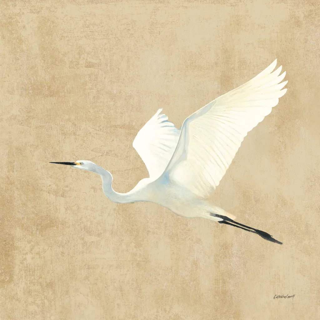 Egret Alighting II Flipped Neutral No Grass by Kathrine Lovell. SKU 82834a. Archival Giclee Fine art print for wall decor.