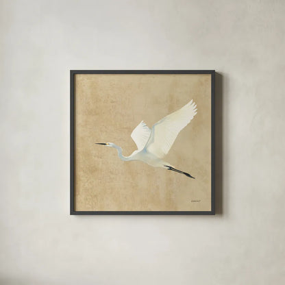 Egret Alighting II Flipped Neutral No Grass by Kathrine Lovell. Shown in a sleek black glass frame for a contemporary gallery look. Available as an archival giclee rolled canvas, fine art paper, or poster print. SKU 82834a.
