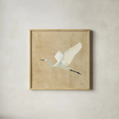 Egret Alighting II Flipped Neutral No Grass by Kathrine Lovell. Shown in a natural wood glass frame for a timeless modern aesthetic. Available as an archival giclee rolled canvas, fine art paper, or poster print. SKU 82834a.