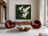 Egrets Alighting II on Green by Kathrine Lovell. Shown as extra-large giant wall art in a modern living room. Available as an archival giclee rolled canvas, fine art paper, or poster print. SKU 86426a.