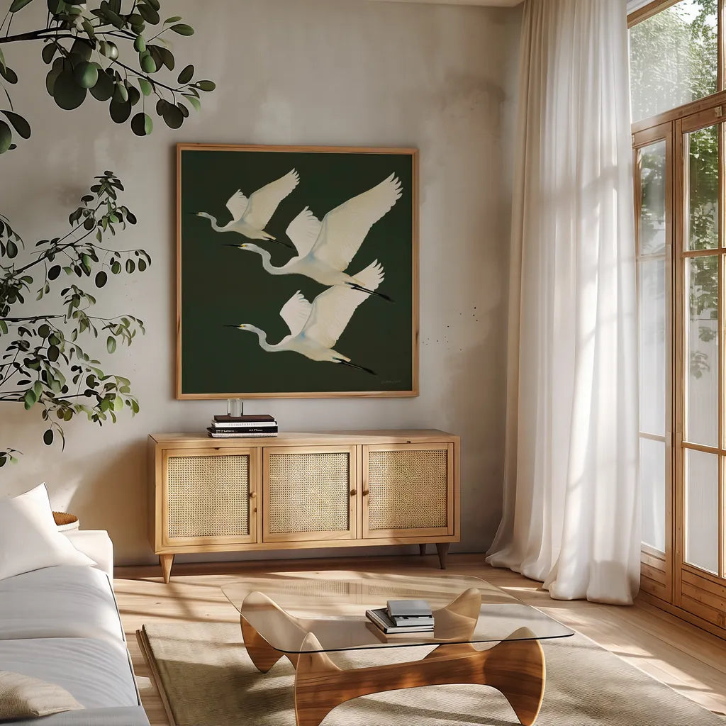 Egrets Alighting II on Green by Kathrine Lovell. Shown in a natural wood frame in a cozy modern living room. Available as an archival giclee rolled canvas, fine art paper, or poster print. SKU 86428a.