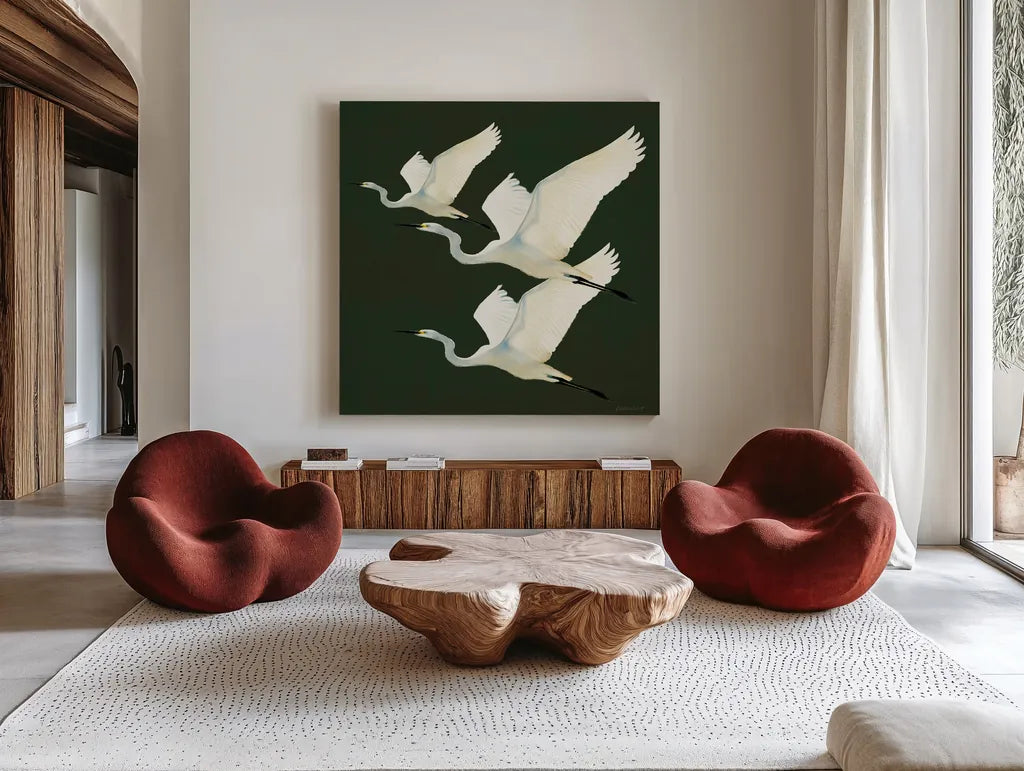 Egrets Alighting II on Green by Kathrine Lovell. Shown as extra-large giant wall art in a modern living room. Available as an archival giclee rolled canvas, fine art paper, or poster print. SKU 86428a.