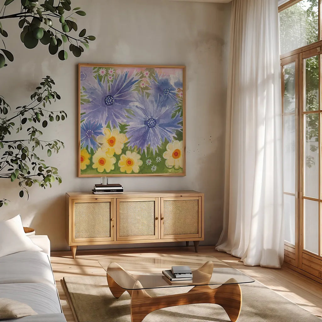 Fairy Garden I by Kathrine Lovell. Shown in a natural wood frame in a cozy modern living room. Available as an archival giclee rolled canvas, fine art paper, or poster print. SKU 84785a.