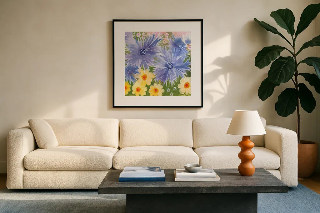 Fairy Garden I by Kathrine Lovell. Displayed in a glass frame with matte in a clean modern living room. Available as an archival giclee rolled canvas, fine art paper, or poster print. SKU 84785a.