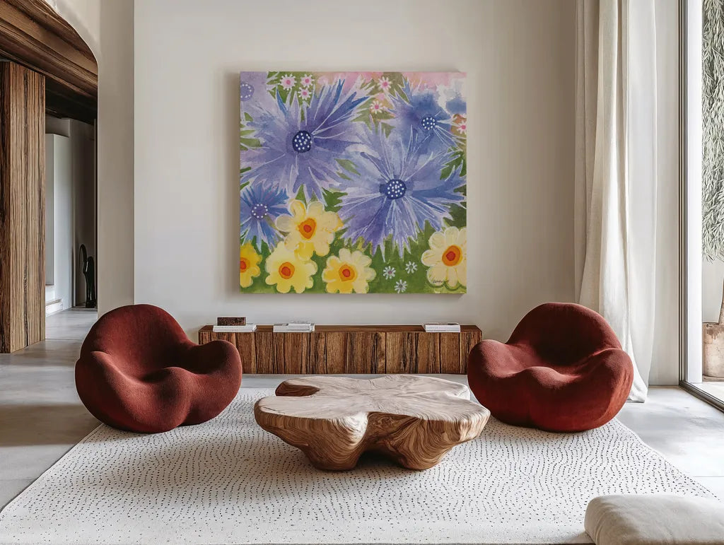 Fairy Garden I by Kathrine Lovell. Shown as extra-large giant wall art in a modern living room. Available as an archival giclee rolled canvas, fine art paper, or poster print. SKU 84785a.