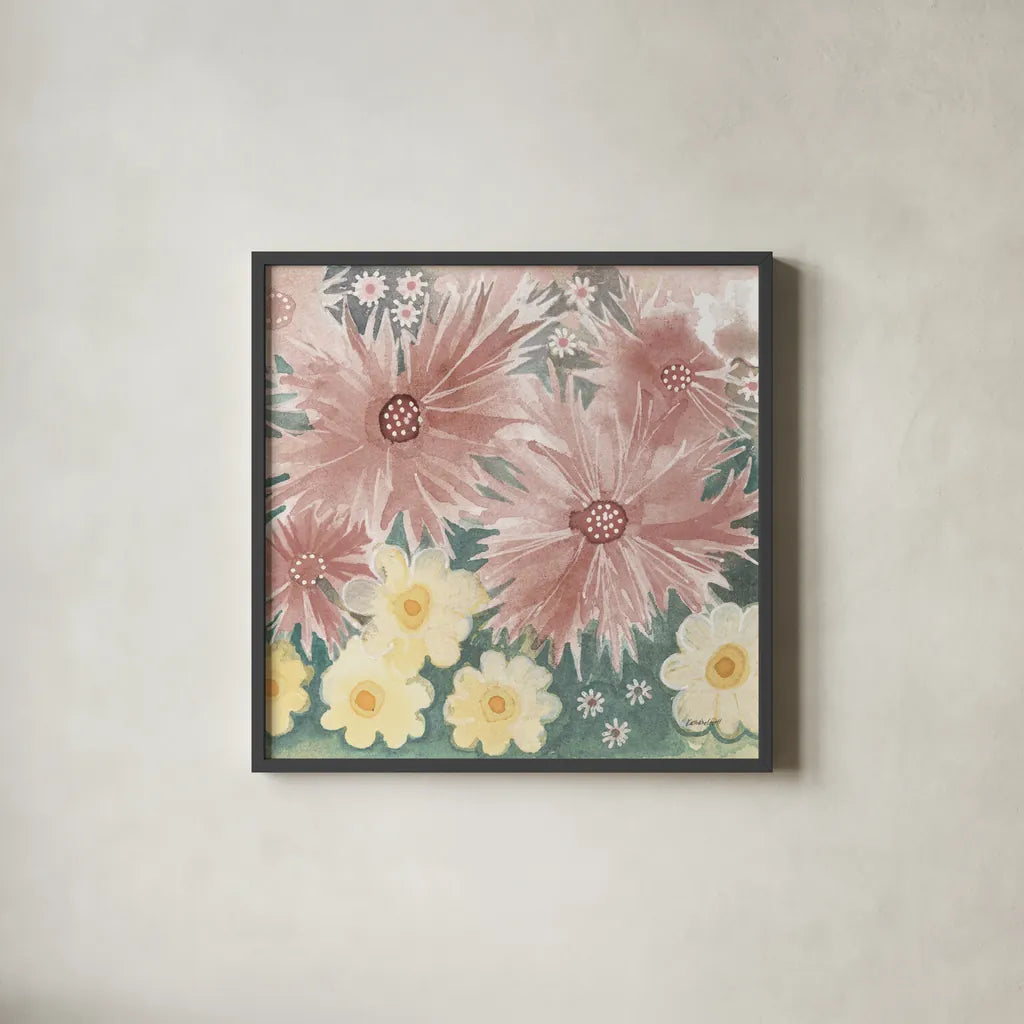 Fairy Garden I Pastel by Kathrine Lovell. Shown in a sleek black glass frame for a contemporary gallery look. Available as an archival giclee rolled canvas, fine art paper, or poster print. SKU 88127a.