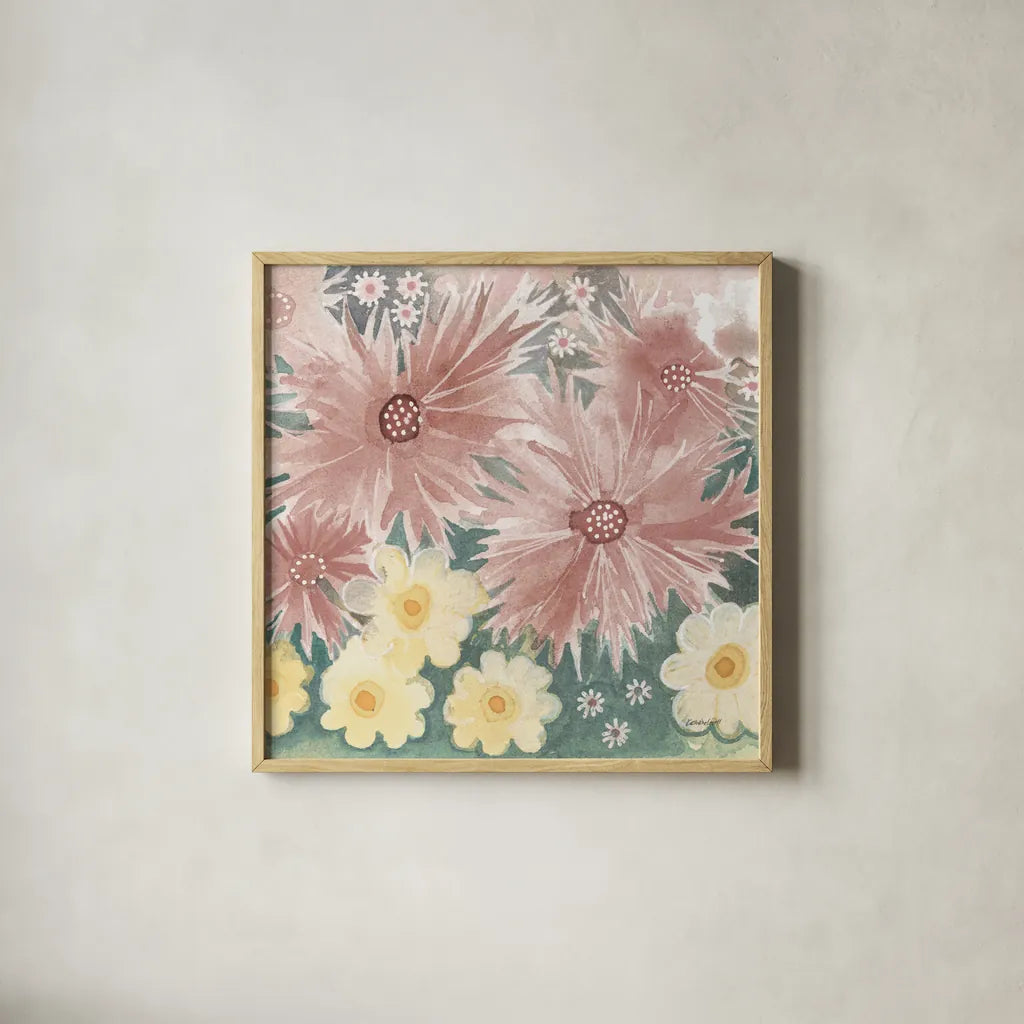 Fairy Garden I Pastel by Kathrine Lovell. Shown in a natural wood glass frame for a timeless modern aesthetic. Available as an archival giclee rolled canvas, fine art paper, or poster print. SKU 88127a.