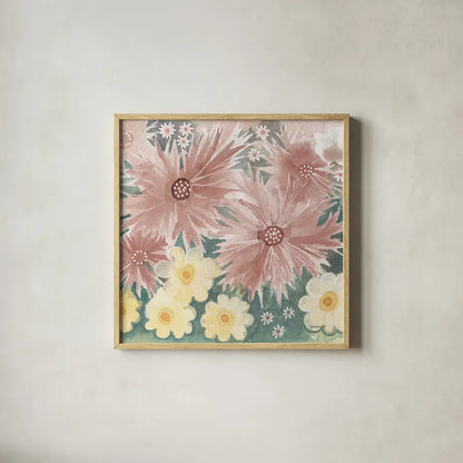 Fairy Garden I Pastel by Kathrine Lovell. Shown in a natural wood glass frame for a timeless modern aesthetic. Available as an archival giclee rolled canvas, fine art paper, or poster print. SKU 88127a.