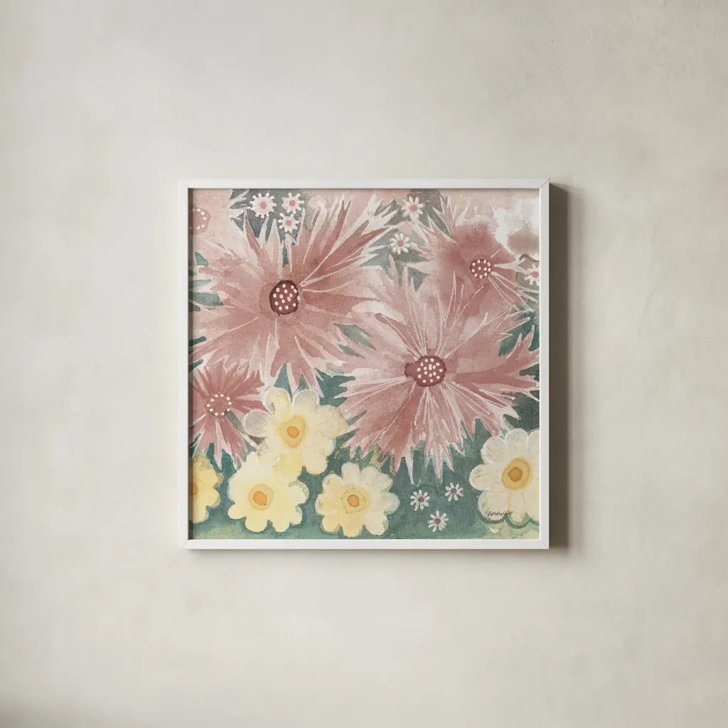Fairy Garden I Pastel by Kathrine Lovell. Shown in a crisp white glass frame for a clean and minimalist style. Available as an archival giclee rolled canvas, fine art paper, or poster print. SKU 88127a.