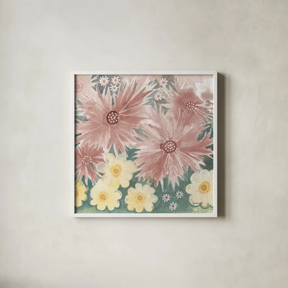 Fairy Garden I Pastel by Kathrine Lovell. Shown in a crisp white glass frame for a clean and minimalist style. Available as an archival giclee rolled canvas, fine art paper, or poster print. SKU 88127a.