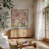 Fairy Garden I Pastel by Kathrine Lovell. Shown in a natural wood frame in a cozy modern living room. Available as an archival giclee rolled canvas, fine art paper, or poster print. SKU 88127a.