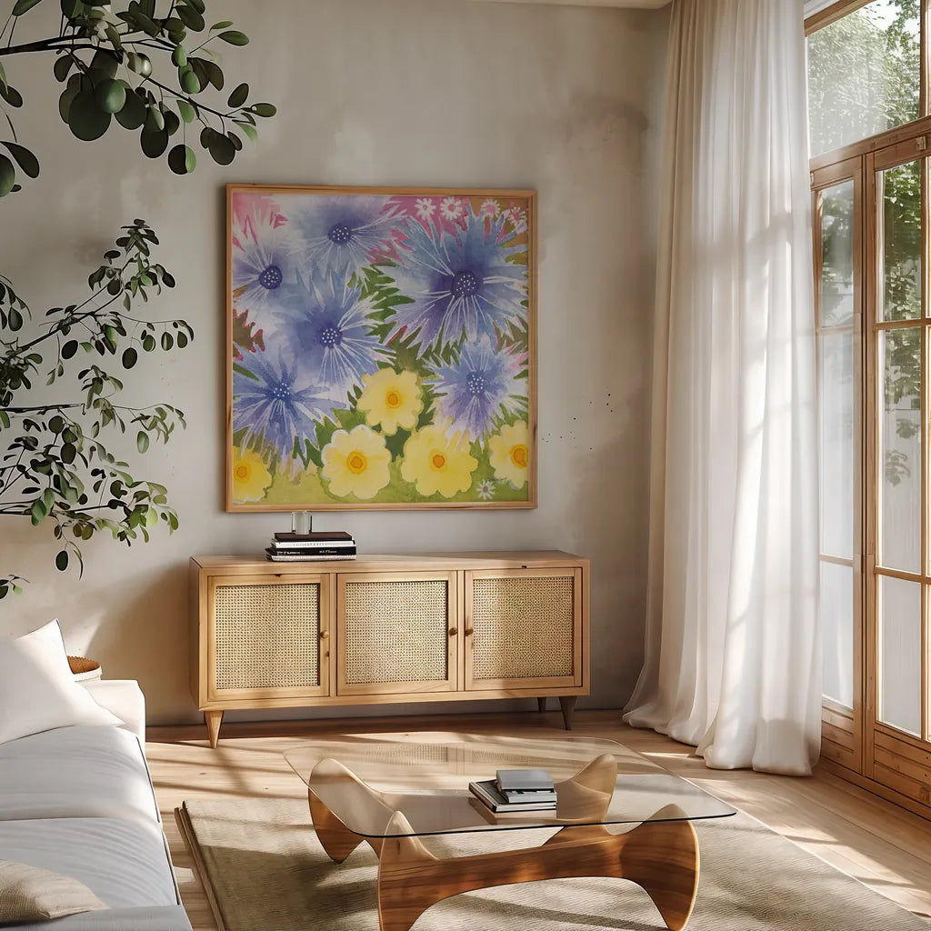 Fairy Garden II by Kathrine Lovell. Shown in a natural wood frame in a cozy modern living room. Available as an archival giclee rolled canvas, fine art paper, or poster print. SKU 84786a.