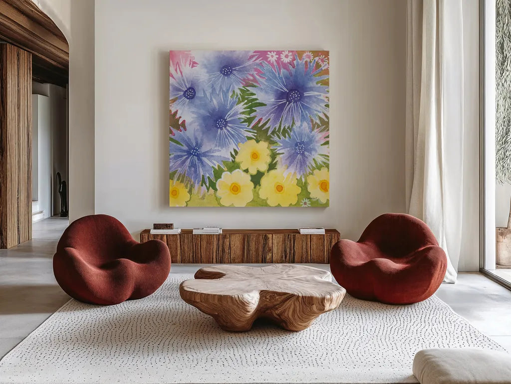 Fairy Garden II by Kathrine Lovell. Shown as extra-large giant wall art in a modern living room. Available as an archival giclee rolled canvas, fine art paper, or poster print. SKU 84786a.