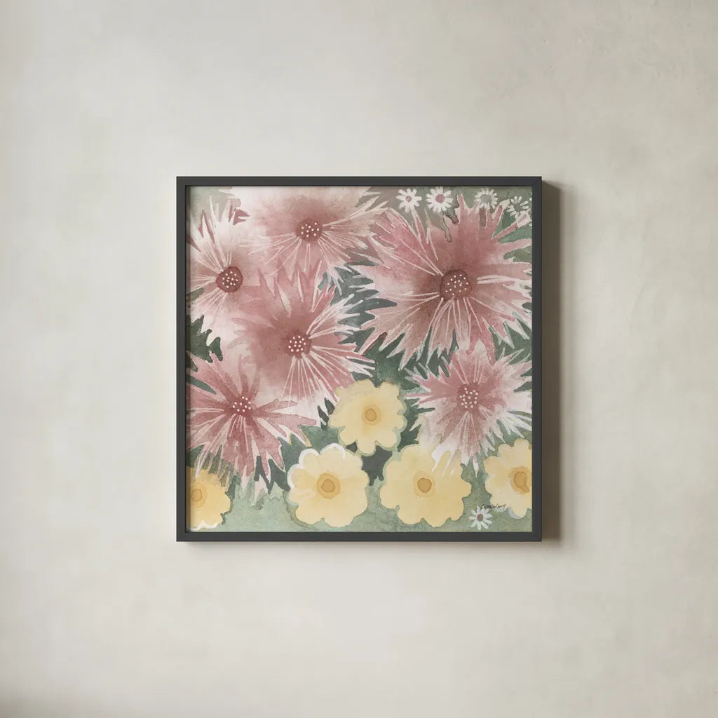 Fairy Garden II Pastel by Kathrine Lovell. Shown in a sleek black glass frame for a contemporary gallery look. Available as an archival giclee rolled canvas, fine art paper, or poster print. SKU 88128a.