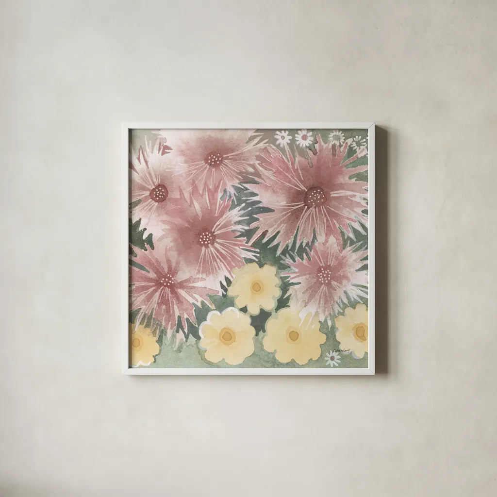 Fairy Garden II Pastel by Kathrine Lovell. Shown in a crisp white glass frame for a clean and minimalist style. Available as an archival giclee rolled canvas, fine art paper, or poster print. SKU 88128a.