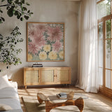 Fairy Garden II Pastel by Kathrine Lovell. Shown in a natural wood frame in a cozy modern living room. Available as an archival giclee rolled canvas, fine art paper, or poster print. SKU 88128a.